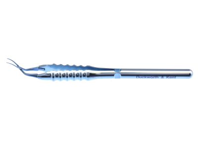 D&K Inamura capsulorhexis forceps, 4 1/4'', vaulted shaft, tips angled 45° from shaft, 1.5mm diameter shaft at pivot box, 9.5mm tip to pivot point, sharp serrated tips, round handle, titanium