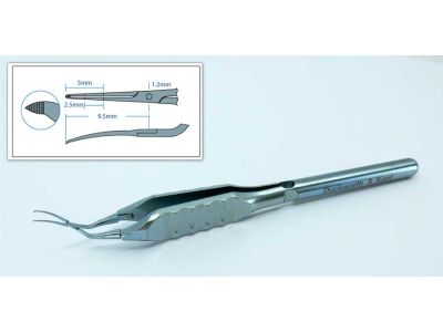 D&K Inamura capsulorhexis forceps, 4 1/4'', vaulted shafts, tips angled 45º to handle, 1.2mm diameter shaft at pivot point, 9.5mm tip to pivot, sharp serrated interlocking tips, marks on shaft at 2.5mm and 5.0mm denote desired siz