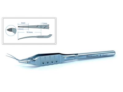 D&K Inamura capsulorhexis forceps, 4 1/4'', vaulted shafts, tips angled 45º to handle, 1.2mm diameter shaft at pivot point, 9.5mm tip to pivot, sharp serrated interlocking tips, marks on shaft at 2.5mm and 5.0mm, flat ergonomical handle, titanium
