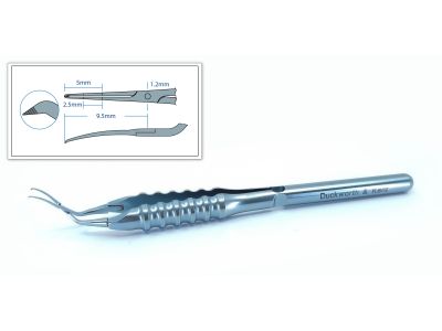 D&K Inamura capsulorhexis forceps, 4 1/4'', vaulted shafts, tips angled 45º to handle, 1.2mm diameter shaft at pivot point, 9.5mm tip to pivot, extra sharp serrated interlocking tips, marks on shaft at 2.5mm and 5.0mm, round ergonomical handle, titanium
