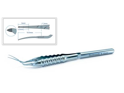 D&K Inamura capsulorhexis forceps, 4 1/4'', vaulted shafts, tips angled 45º to handle, 1.2mm diameter shaft at pivot point, 10.5mm tip to pivot, sharp serrated interlocking tips, marks on shaft at 2.5mm and 5.0mm, round ergonomical handle, titanium
