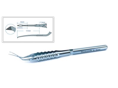 D&K Inamura capsulorhexis forceps, 4 1/4'', vaulted shafts, tips angled 45º to handle, 1.2mm diameter shaft at pivot point, 11.0mm tip to pivot, sharp serrated interlocking tips, marks on shaft at 2.5mm and 5.0mm, round ergonomical handle, titanium