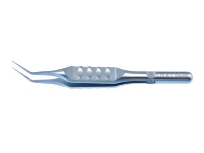 D&K Utrata capsulorhexis forceps, 3 1/4'', angled 45° shafts, 13.0mm from bend to tip, utrata-style tips, marks on shaft at 2.5mm and 5.0mm denote desired size of capsulorhexis, flat ergonomical handle, titanium