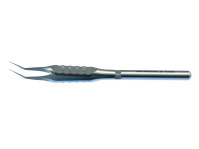 D&K Utrata capsulorhexis forceps, 4 1/4'', angled 45° shafts, 13.0mm from bend to tip, utrata-style tips, marks on shaft at 2.5mm and 5.0mm denote desired size of capsulorhexis, flat ergonomical handle, titanium