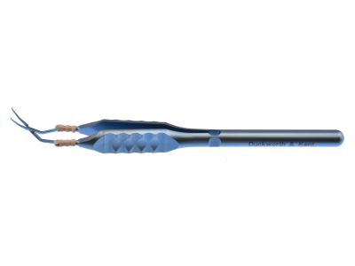 D&K DMEK forceps, 4 1/2'', angled shafts, tips angled 45º from shaft, 1.5mm diameter shaft at pivot box, 9.8mm tip to pivot point, serrated interlocking tips, round ergonomical handle, titanium