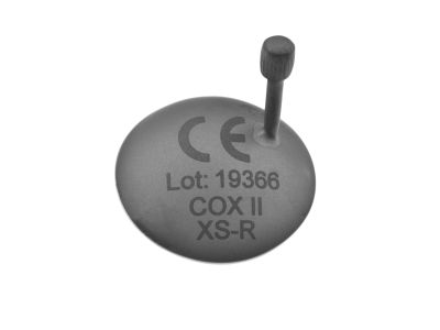 Cox II ocular laser eye shield with handle, extra-small, 22.0mm x 19.5mm, for use in the right eye, non-reflective anterior surface, highly polished posterior surface, sold individually