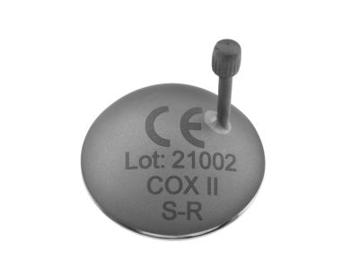 Cox II ocular laser eye shield with handle, small, 24.0mm x 21.0mm, for use in the right eye, non-reflective anterior surface, highly polished posterior surface, sold individually