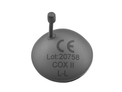 Cox II ocular laser eye shield with handle, large, 26.5mm x 23.0mm, for use in the left eye, non-reflective anterior surface, highly polished posterior surface, sold individually