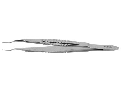 Castroviejo suturing forceps, 4 1/4'',bayonet shafts, 0.3mm 1x2 teeth, 6.0mm tying platforms, wide serrated flat handle