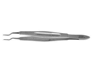 Castroviejo suturing forceps, 4 1/4'',bayonet shafts, 0.5mm 1x2 teeth, 6.0mm tying platforms, wide serrated flat handle