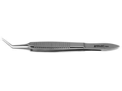 Utrata MICS capsulorhexis forceps, 3 1/4'',angled shafts, 12.0mm from bend to tip, delicate, serrated grasping tips, 1.8mm maximum tip spread, flat handle