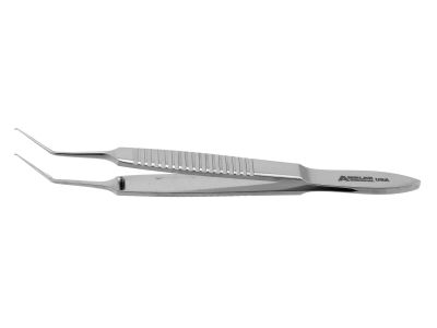 Utrata capsulorhexis forceps, 3 1/4'',angled shafts, 12.0mm from bend to tip, fine, serrated grasping tips, flat handle