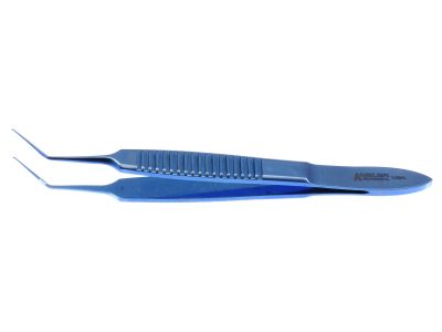 Utrata capsulorhexis forceps, 3 1/4'',angled shafts, 12.0mm from bend to tip, fine, serrated sharp grasping tips, flat handle, titanium