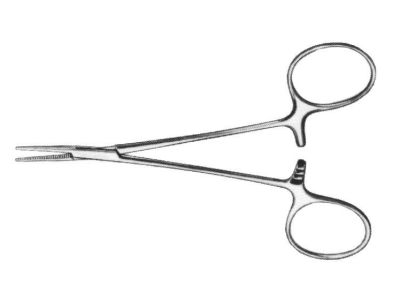Hartman micro hemostatic mosquito forceps, 4'', delicate, curved, serrated jaws, ring handle