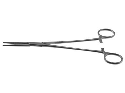 Halstead hemostatic mosquito forceps, 8'', straight, serrated jaws, ring handle
