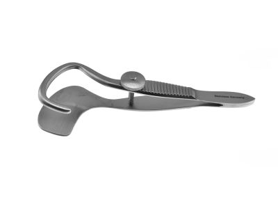 Snellen entropium forceps, small size, left, 28.0mm solid lower plate, locking thumb screw, flat handle