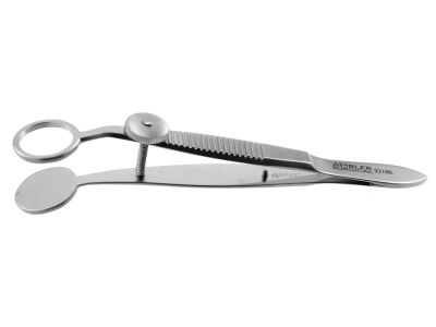 Hunt chalazion forceps, 3 7/8'',solid round lower plate, 12.0mm open upper plate, locking thumb screw, flat handle