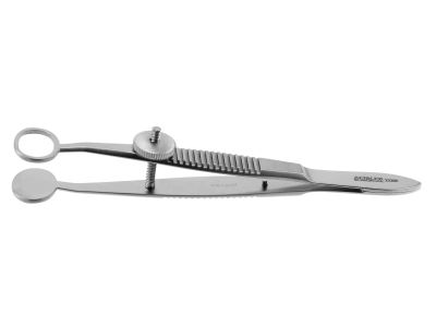 Baird chalazion forceps, 3 1/2'',14.0mm solid oval lower plate, 12.0mm x 8.0mm open upper plate, locking thumb screw, flat handle