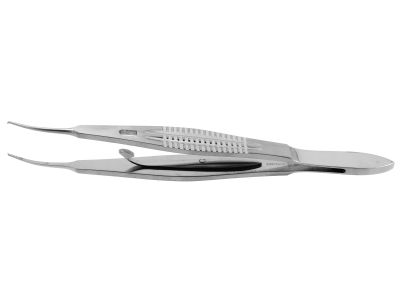 Moody-Stern fixation forceps, 4 3/8'', curved right shafts, 0.5mm 1x2 teeth, flat handle, with thumb catch lock