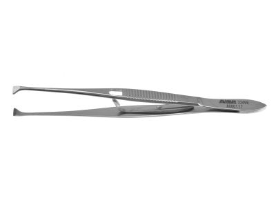 Graefe fixation forceps, 4 3/8'',4.5mm wide fine-toothed jaws, with thumb catch lock, flat handle