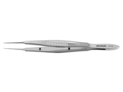 Castroviejo suturing forceps, 4 3/8'',straight shafts, 0.3mm 1x2 teeth, 5.5mm tying platforms, wide serrated flat handle
