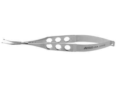 Explantation forceps for foldable IOL removal, 4 3/4'',tooth''top jaw, grooves''bottom jaw used to secure and hold lens fragments during removal, flat 3-hole spring handle