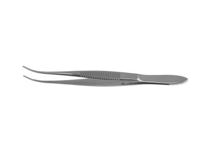 Bracken iris forceps, 3 7/8'',curved shafts, delicate, serrated tips, flat handle