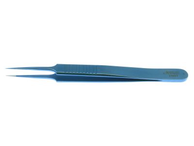 Jeweler's-type forceps #5, 4 3/8'', straight, narrow shafts, fine pointed tips and 6.0mm TC dusted tying platforms, flat handle, titanium