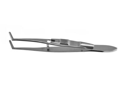 Gunderson muscle forceps, 3 7/8''with slide lock, angled shafts, 11.0mm tips with longitudinal meshing serrations, flat handle