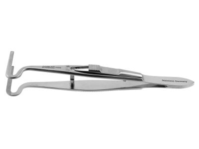 Berke ptosis clamp forceps, 4 1/8''with slide lock, curved around shafts, 27.0mm jaws with longitudinal serrations