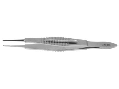 Castroviejo suturing forceps, 4 3/8'',straight shafts, 0.9mm 1x2 teeth, 5.5mm tying platforms, wide serrated flat handle
