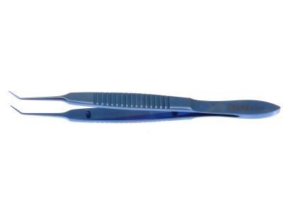 McPherson tying forceps, 3 3/8'',angled shafts, 4.0mm from bend to tip, 4.0mm tying platforms, narrow serrated flat handle, titanium