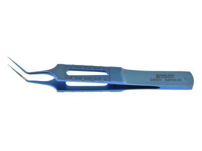 Utrata capsulorhexis forceps, 3 1/4'', angled 45º shafts, 13.0mm from bend to tip, utrata-style tips, iris stop platforms, flat handle, titanium