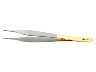 Adson dressing forceps, 4 3/4'',delicate, straight, serrated TC platforms, flat handle
