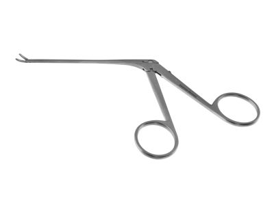 House alligator ear forceps, 5 1/4'',working length 75.0mm, curved left, 6.0mm fine serrated jaws, ring handle