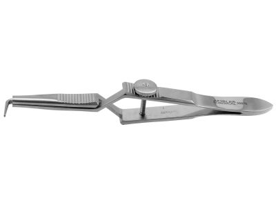 Lambert sleeve spreading forceps, 4 1/4'',smooth, angled 90º jaws with locking screw, cross-action flat handle
