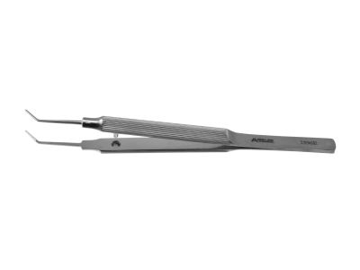 Maumenee tying forceps, 4'',angled, concave tips, guide pin, round handle