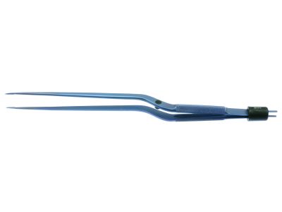 R-Style bipolar forceps, 9'', working length 4 1/4'', bayonet shafts, with stop, 0.7mm wide non-stick tips, round handle, titanium
