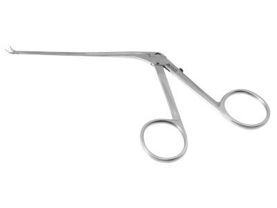House miniature forceps, 5 1/2'',working length 75.0mm, angled up, 4.0mm fine serrated jaws, ring handle