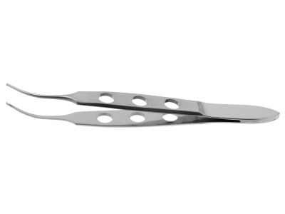 Bishop-Harmon tissue forceps, 3 1/2'',curved shafts, standard, 0.8mm 1x2 teeth, flat 3-hole handle