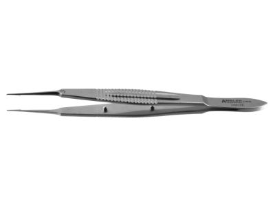 Castroviejo suturing forceps, 4 1/4'', straight shafts, 0.3mm 1x2 teeth, 5.5mm tying platforms, wide serrated flat handle