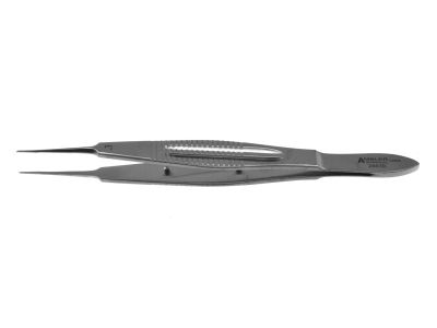 Castroviejo suturing forceps, 4 1/4'', straight shafts, 0.3mm 1x2 teeth, 5.5mm tying platforms, wide serrated flat handle