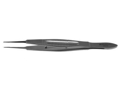 Castroviejo suturing forceps, 4 1/4'', straight shafts, 0.5mm 1x2 teeth, 5.5mm tying platforms, wide serrated flat handle