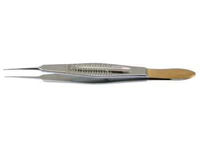Castroviejo suturing forceps, 4 3/8'',straight shafts, 0.3mm 1x2 teeth, TC dusted tying platforms, wide serrated flat handle