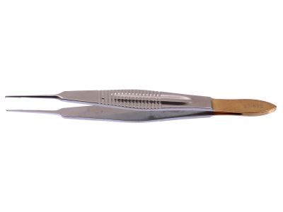 Castroviejo suturing forceps, 4 3/8'',straight shafts, 0.5mm 1x2 teeth, TC dusted tying platforms, wide serrated flat handle