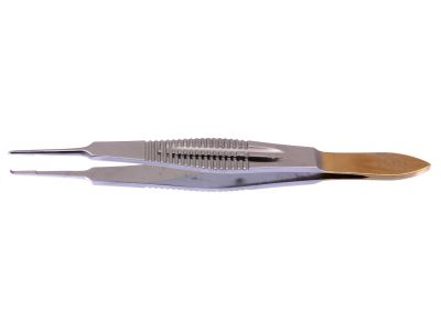 Castroviejo suturing forceps, 4 3/8'',straight shafts, 0.9mm 1x2 teeth, TC dusted tying platforms, wide serrated flat handle