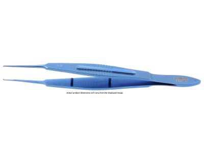 Castroviejo suturing forceps, 4 3/8'',straight shafts, 0.9mm 1x2 teeth, TC dusted tying platforms, wide serrated flat handle, titanium