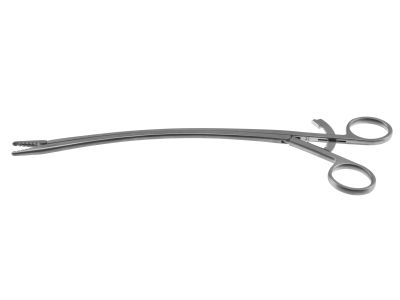 Chest tube passer, 9 3/4'',curved shanks, serrated jaws, ring handle, with ratchet