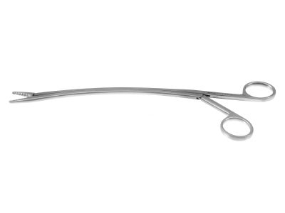 Chest tube passer, 9 3/4'',curved shanks, serrated jaws, ring handle, without ratchet