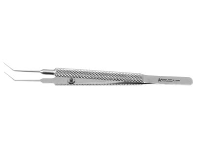 Kellan intraocular lens forceps, 4'',angled 9mm shafts, 8.5mm smooth tying platform with diagonal grooves for grasping IOL haptic, round handle